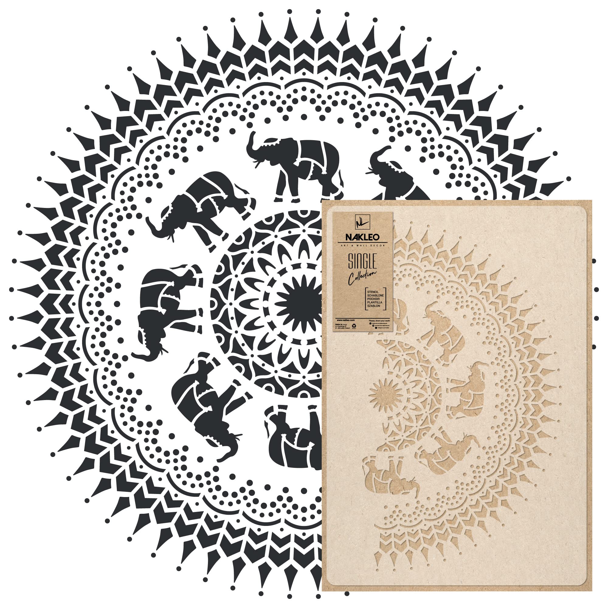 NAKLEO Mandala Large Painting Stencil Diameter 59 cm, Elephant Circle Mandala Geometric Ornament, Reusable Plastic Template DIY Art and Craft, Wall Floor Wood Fabric Furniture — image 1
