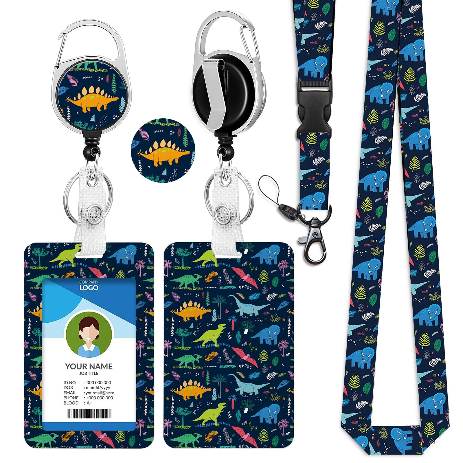 bolimoss Lanyard with Card Holder, Neck Strap Breakaway Lanyard for Keys Cute Dinosaur Plastic Badge Holder for Kid Student,Retractable Badge Reel Badge Clip for ID Card, Office School Supplies