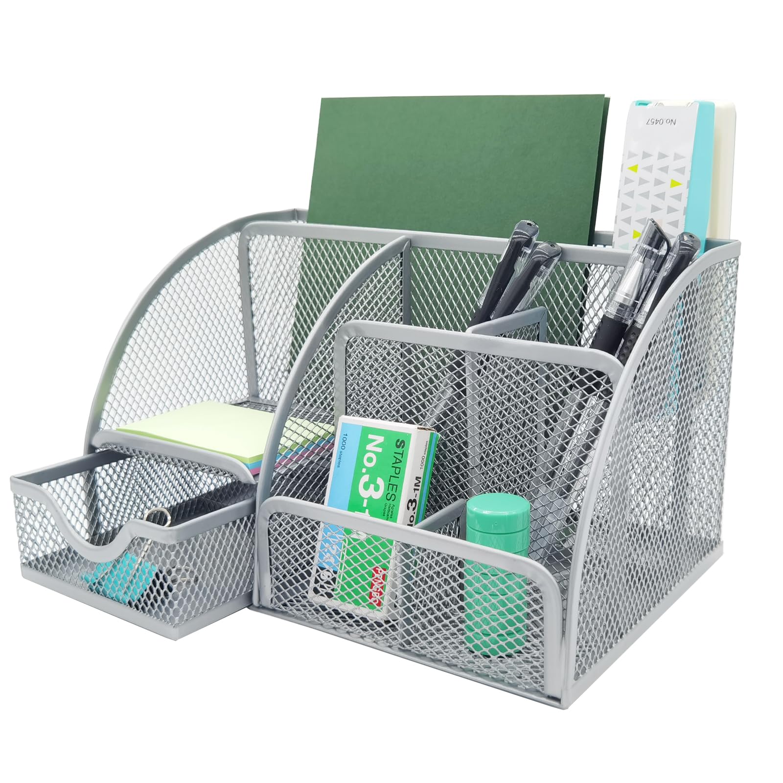 PYJLBX Desk Organiser, Silver Metal Mesh Pen Holder & Stationery Storage, Multi-Use Desktop Tidy with Drawer for Office, Home & School, Desk Accessories & Office Supplies, Pen Pot Stationary Organiser
