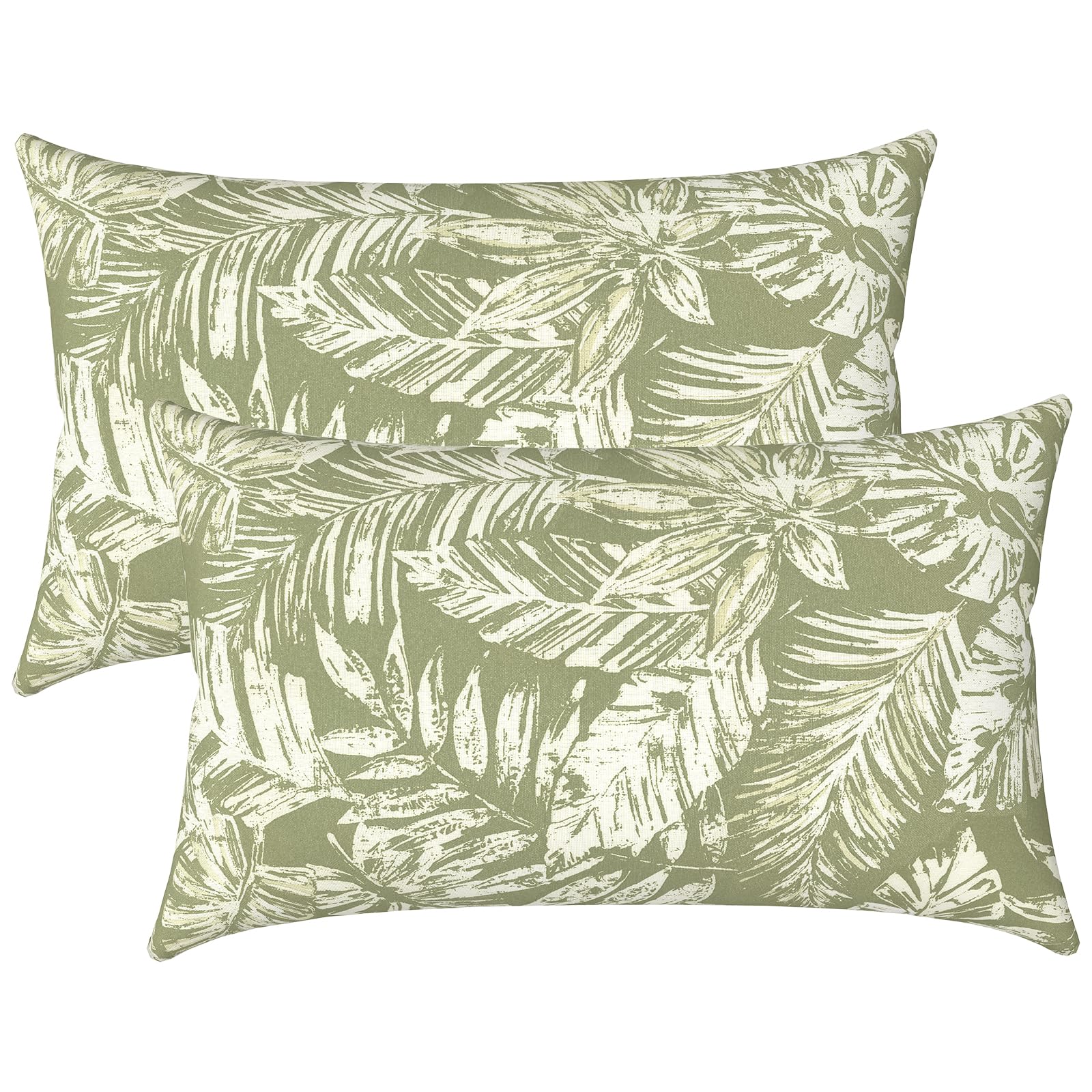 LVTXIII Set of 2 Patio Lumbar Pillows, 12" x 20" Fade Resistant Outdoor Lumbar Pillow with Inners, Fluffy Decorative Garden Lumbar Cushions for Home Patio Coach Sofa Use, Tropical Leaf Green Image