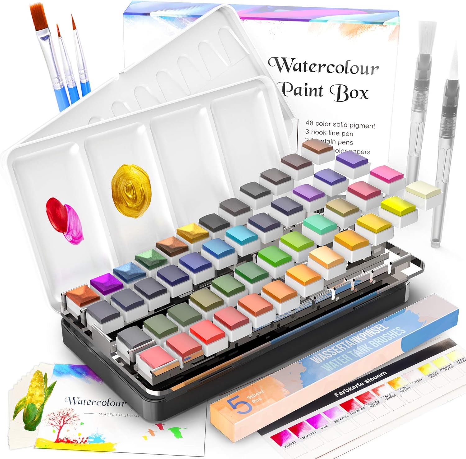 RATEL Aquarellfarben Set, Aquarell Malkasten Inklusive 48 Farben Festes Pigment + 3 Pinsel + 2 Wassertankpinsel + 10 Aquarellpapiere - wasserlöslich und gut mischbar Aquarell-Farben-Set
