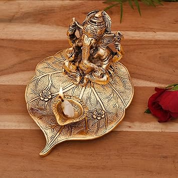 Collectible India Ganesha on Leaf - Ganesh with Diya - Lord Ganesha Metal Hand Craved for Home Temple Pooja Mandir Decorative Gift Diwali Decoration Items Diwali Gifts