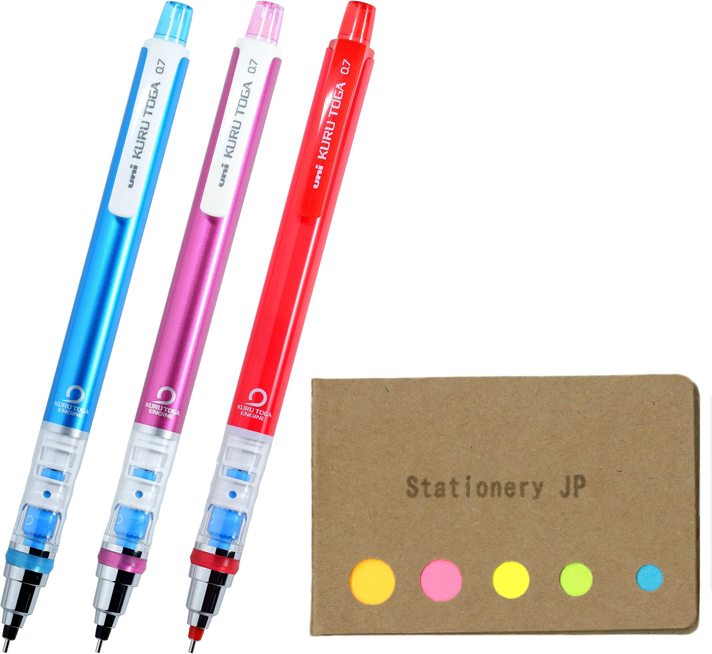 Kuru Toga Auto Lead Rotation Mechanical Pencil Standard Model 0.7 mm, Body Color(Blue/Pink/Red), 3-pack, Sticky Notes Value Set