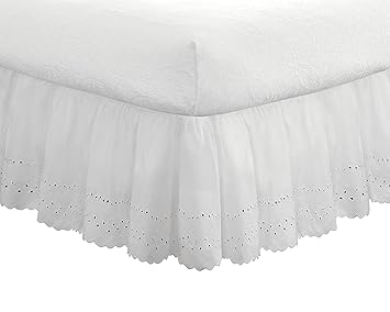 Eyelet Ruffled Bedskirt - Ruffled Bedding with Gathered Styling -14 Drop, King, White