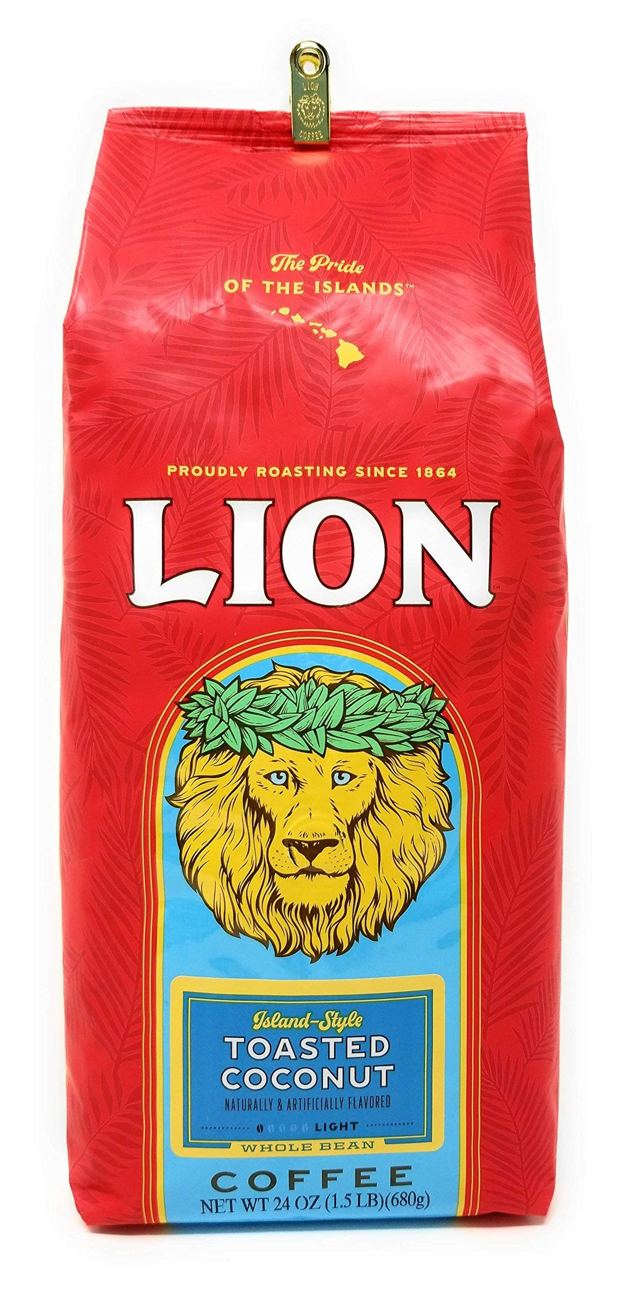 Lion Coffee TOASTED COCONUT Whole Bean LIGHT Roast HUGE 1.5 lb BARGAIN