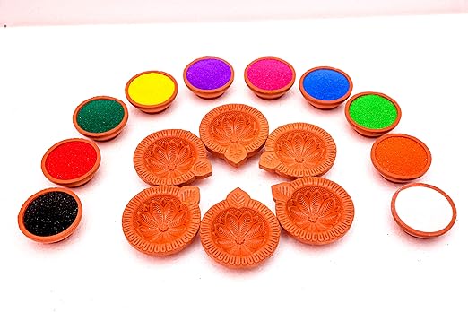 Mahakal Handmade Clay Diya Round (Set of 06 Pcs) | with Rangoli Color (Pack of 10) | for Diwali Decoration