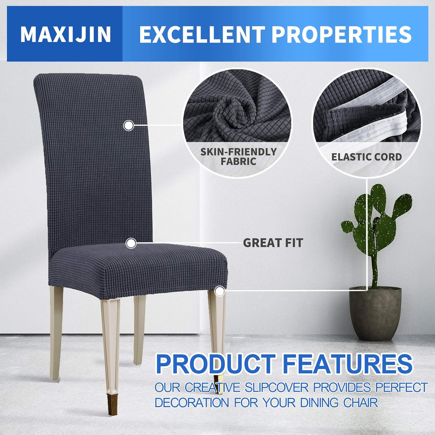 MAXIJIN Super Stretch Dining Room Chair Cover Jacquard Spandex Dining Parsons Chair Slipcover Removable Chair Protector Covers for Dining Room,Hotel,Kitchen,Ceremony (Grey - Image 4