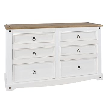 Home Source White Corona Chest Of Drawers Pine 6 Drawer Solid Pine
