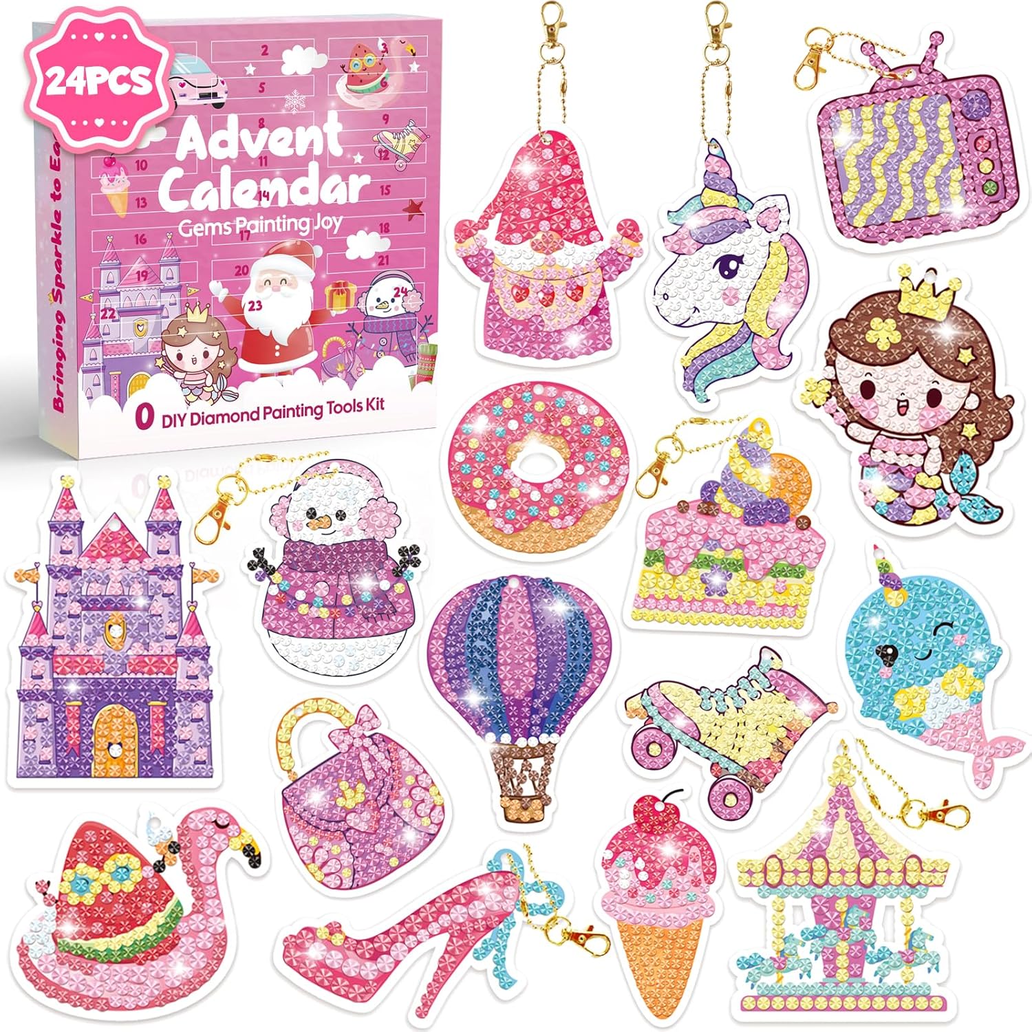 Advent Calendars - Advent Calendar 2023 Girls, Make Your Own Diamond Painting Keychains by Numbers, DIY Gem Arts and Crafts for Girls Ages 4-8, 8-12, Christmas Gifts for Girls 6-8, 8-10, 10-12, Advent Calendar Kids Pink