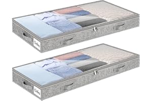 KUKIKAN 4 Inch Low Profile Under Bed Storage Drawer 2 Pack, Lightweight Underbed Clothes Storage Container Bins with NO STURCTURE, Shallow Storage Bag for Dorm & Home, With Clear Lids and Waterproof Fabric