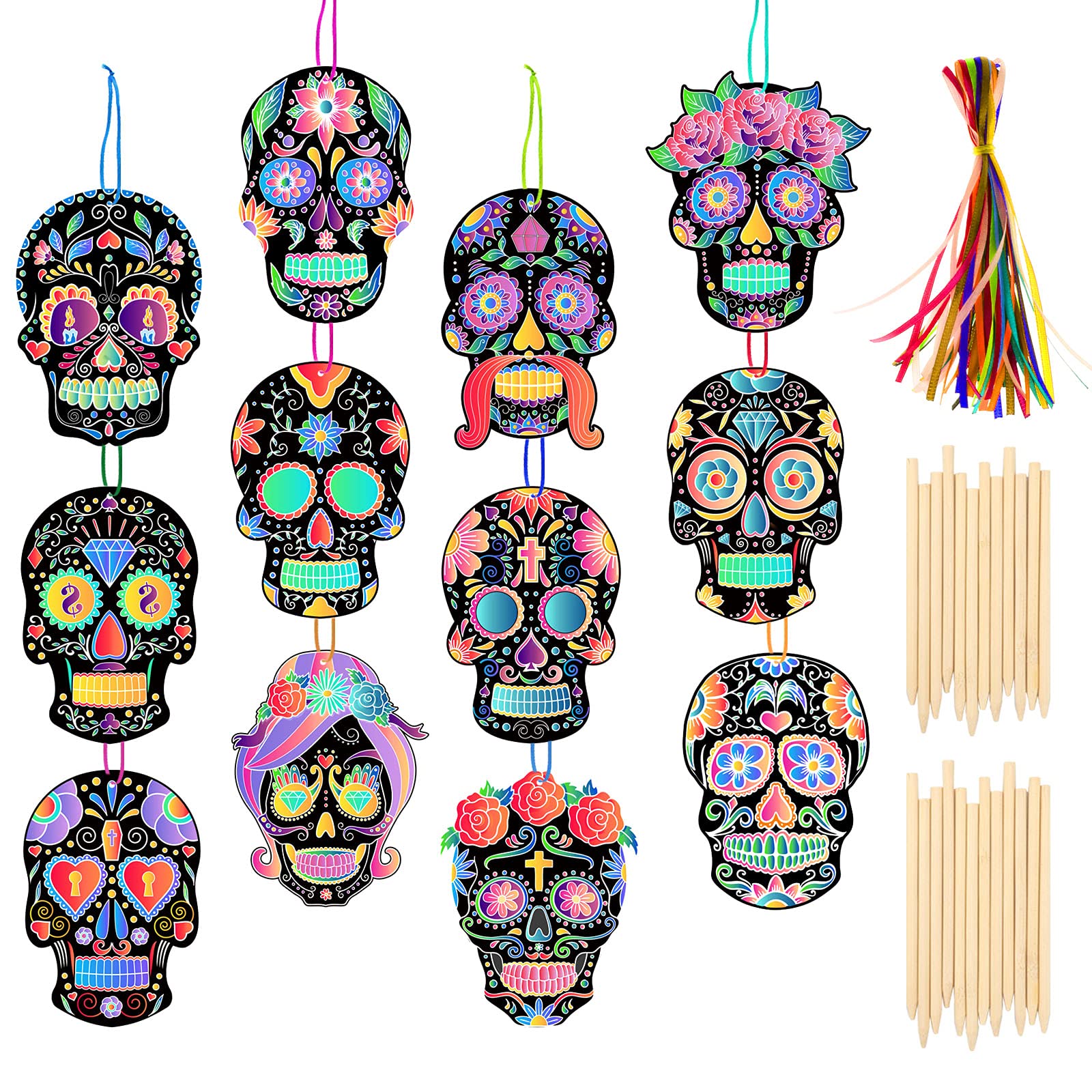 HOWAF 36pcs Halloween Scratch Art for Kids Crafts Gift, Sugar Skull Rainbow Scratch Art Paper for Kids Drawing DIY Tags Decoration Day of The Dead Skull Ornament Halloween Party Bag Fillers