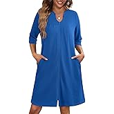 Ekouaer Zipper Robes for Women 3/4 Sleeve Waffle Knit Bathrobe Lightweight Short Housecoat with Pockets Soft Loungewear