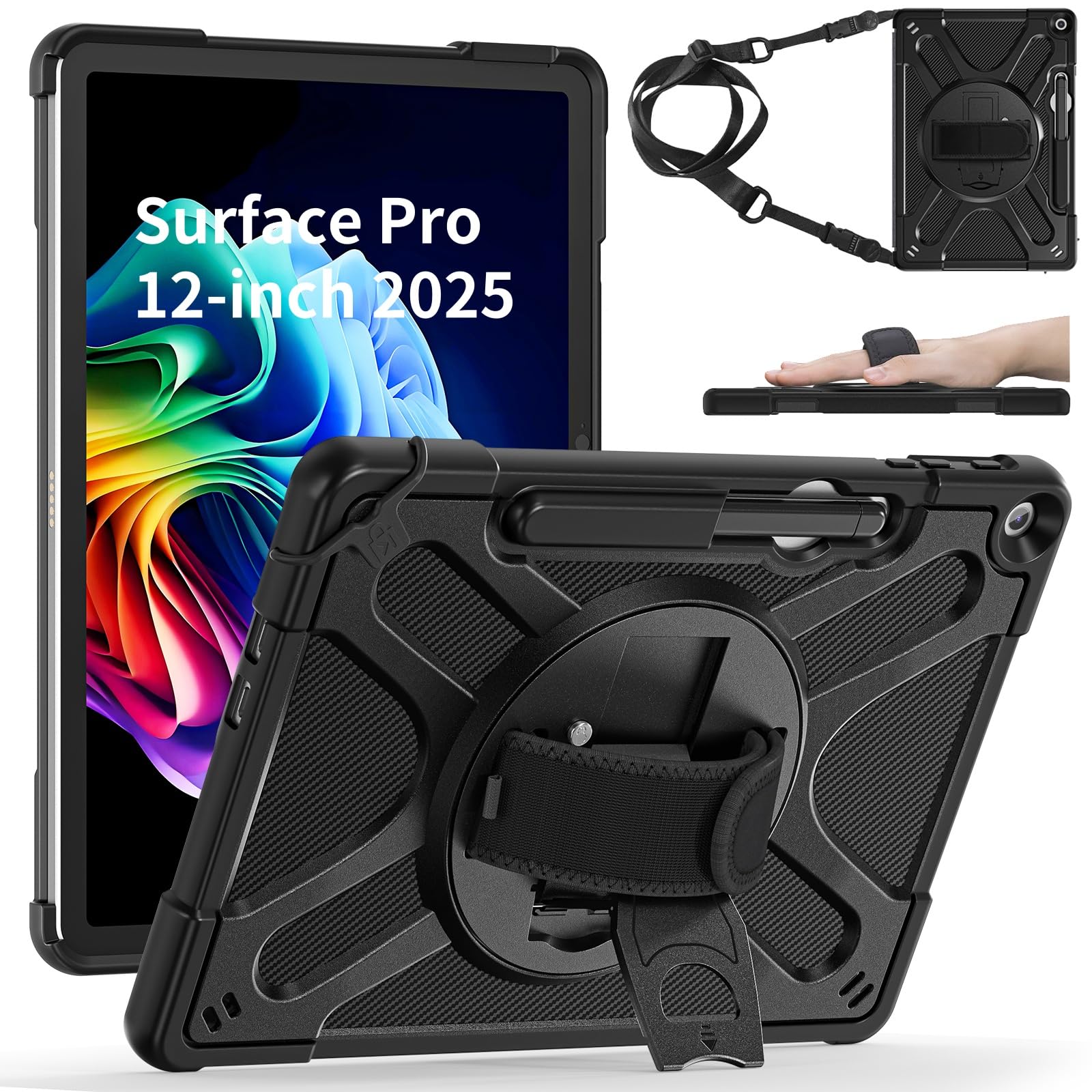 Photo 1 of ZenRich Rugged Case for Microsoft Surface Pro 12 (2025) – Heavy Duty Shockproof Protective Case with 360° Rotating Kickstand, Hand & Shoulder Strap, Business Friendly, Type Cover Keyboard Compatible