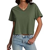 SMENG Women's Cropped T Shirts Loose Cotton Soft UPF50+ Basic Tshirt Vneck Short Sleeve Breathable Tees 2026