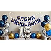 15th Birthday Party Decoration for Boys, Happy Birthday Banner Blue Number 15 Balloons Metallic Silver Blue Gold Latex Balloon for Boys Him Son 15 Years Old Party Decoration Supplies(15th)