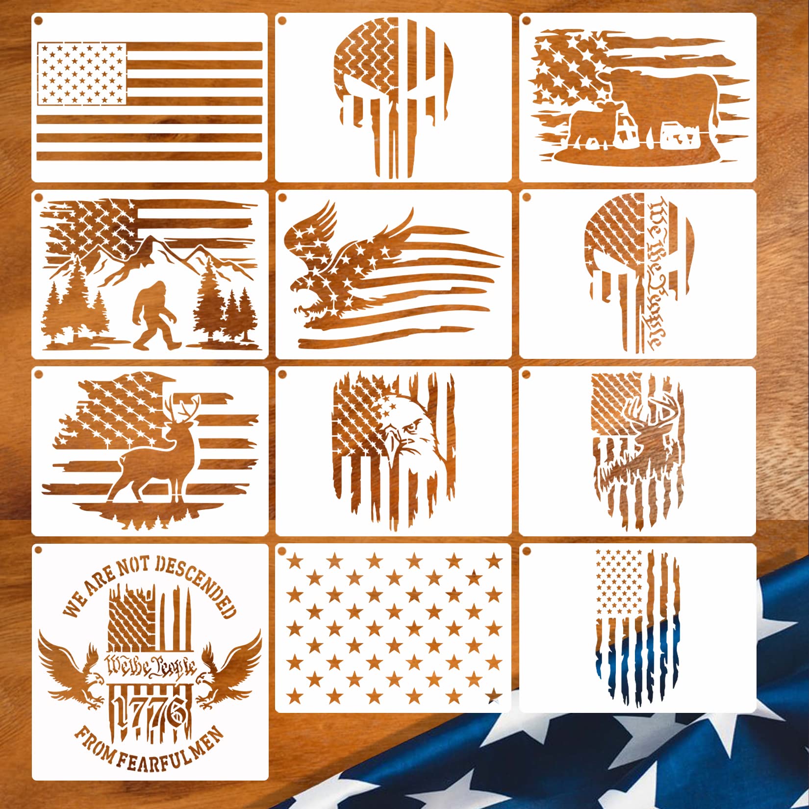 12pcs American Flag Stencil Star Stencils for Painting Union 50 Stars 1776 Military We The People Template for Flag Patriotic Wood Burning Stencils for Spray Painting on Shirt Project Crafts Wooden