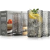 Glaver's Highball Glasses Set of 4 Smoke Drinking Glasses, 15 Ounce Crackle Textured Newly Designed Patent Glassware Heavy Bar Home Party Decor Black Kitchen Glasses, Water Juice Cocktails