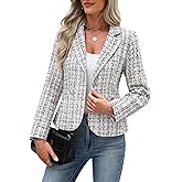 ELLEVEN Women's Tweed Blazer,2 Button Long Sleeve Jacket Slim Fit Business Suit with Pockets