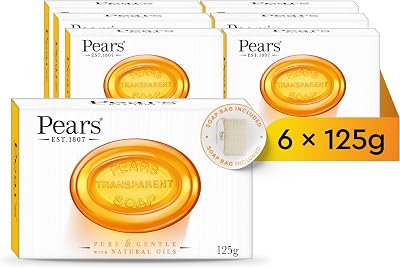 Pears Natural Amber Soap Bar 125g 6 Pack + 1 Soap Bag