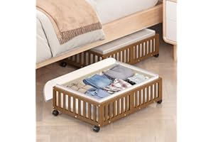 MHXW SXPN Under Bed Storage Containers with Wheels, 2 Pack Bamboo Under the Bed Shoe Storage Bins, Wood Rolling Underbed Drawers Organizer for Bedroom, Closet Clothes Blanket Comforter Under Crib Toy Walunt
