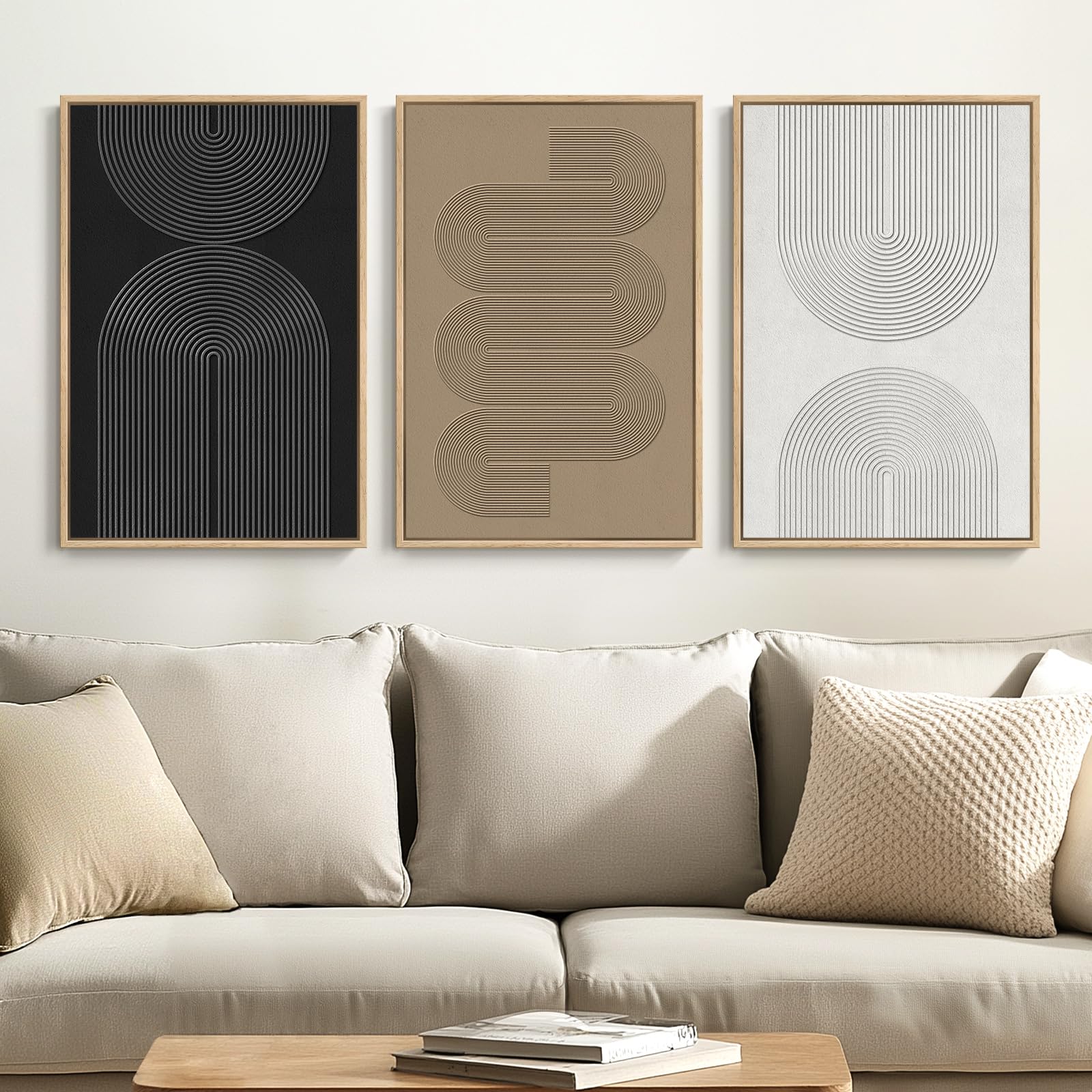 Photo 1 of **MISSING THE WHITE PICTURE**Framed Black and White Brown Abstract Wall Art, 3 Piece Boho Geometric Canvas Prints Paintings Artwork for Walls, Modern Minimalist Neutral Pictures for Living Room Dining Room Bedroom Wall Decor 16x24 In