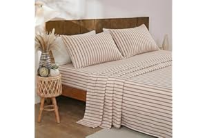 Merryword 100% Cotton Sheet Set King Size - Beige and Terracotta Striped Bedding, Soft Breathable Percale Weave, Deep Pocket 