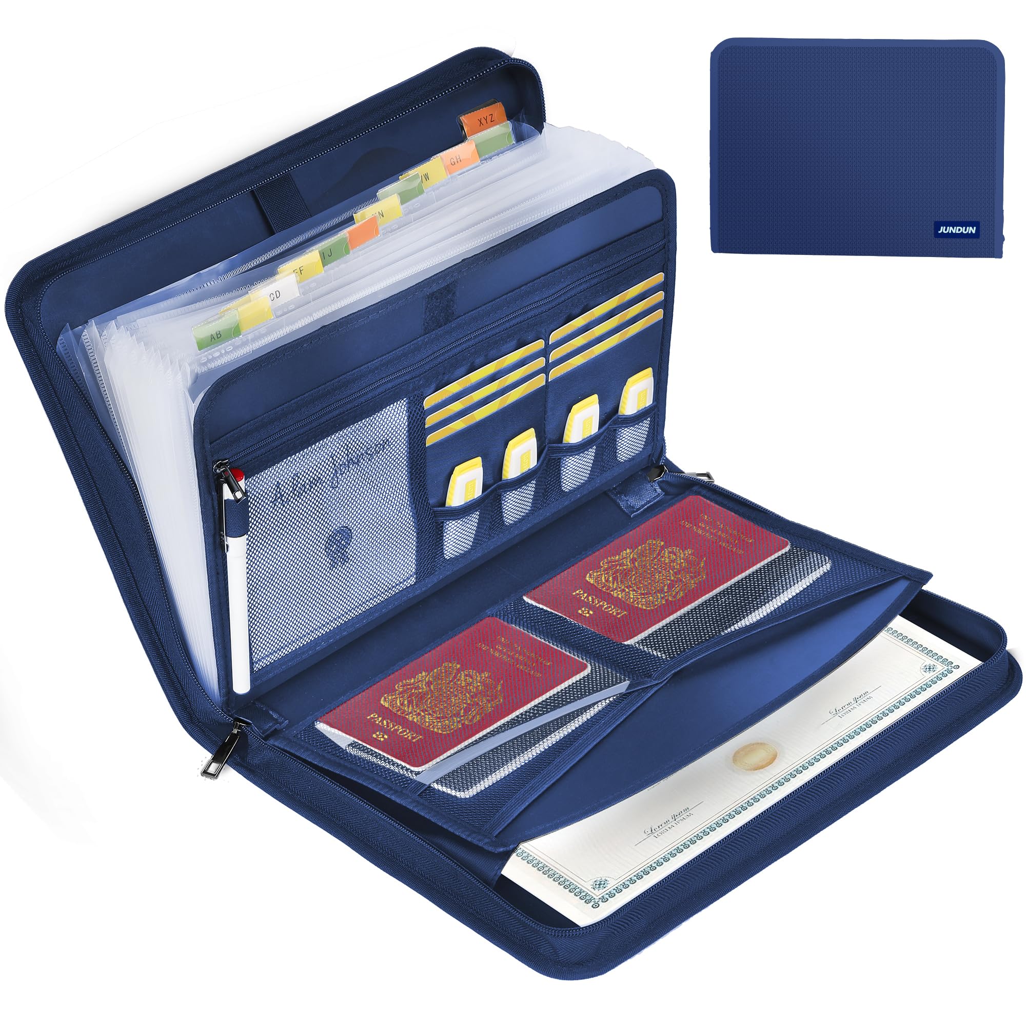 JUNDUN Fireproof Document Organiser - 13 Pockets Expanding File Folder with Zipper & Labels - Portable Waterproof File Organiser with Multi-Pockets Folder for A4 Documents | Receipt and More(Blue)