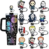 12PCS Halloween Straw Toppers for Stanley Cups,10mm 0.4in Silicone Reusable Horror Movie Straw Covers Cap Compatible with 30&40oz Tumbler with Handle, Funny Tumbler Accessories for Halloween Gifts