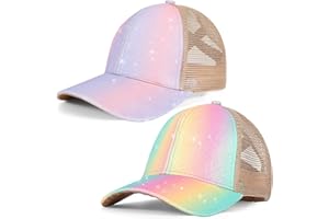 YSEOUL Girls Glitter Baseball Cap Criss Cross Hat, Girl High Ponytail Hat - Kids Trucker Hat with High Bun Messy Ponytail(Ages5-15)