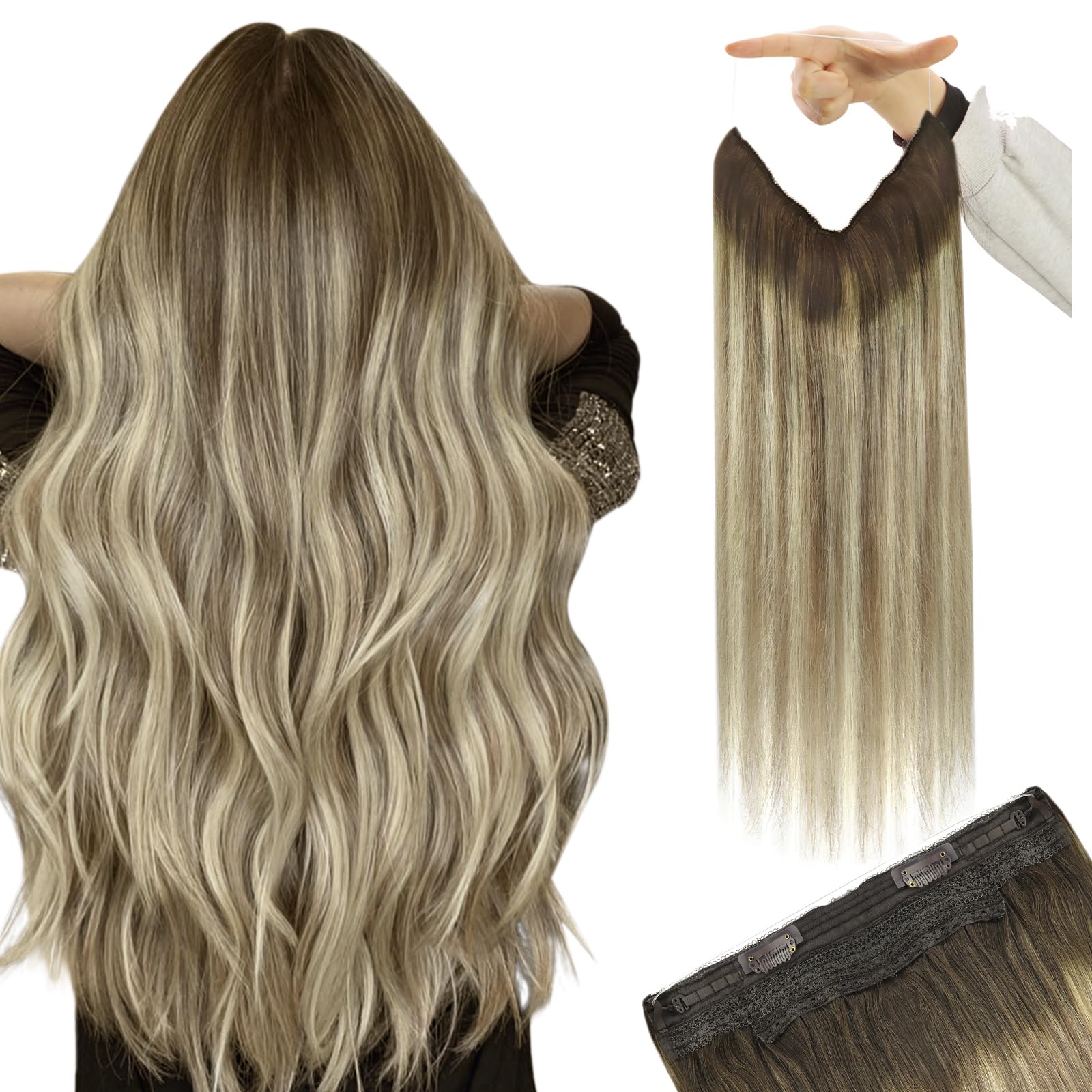 YoungSee Wire Hair Extensions Brown 18inch Wire Human Hair Extensions Dark Brown Ombre Light Brown with Blonde Wire Extension Human Hair for Party 80g Invisible One Piece Add Volume — image 1