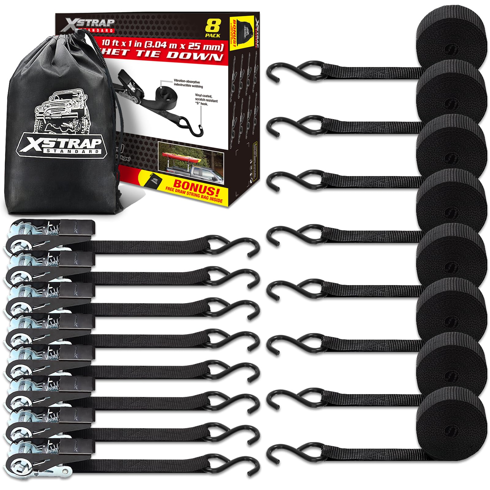 Photo 1 of XSTRAP STANDARD Ratchet Tie Down Straps 8PK 1'' x 10 ft - 900 LB Break Strength Cargo Straps for Moving Appliances, Lawn Equipment, Motorcycle (Black)