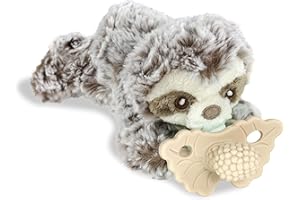 RaZbaby Sloth RaZbuddy w/RaZberry Teething Relief Pacifier – Soothes Sore Gums w/Nature-Inspired Texture, 100% BPA-Free Silicone Teether, Detachable Stuffed Animal – 3 Months+ Teether, Tan