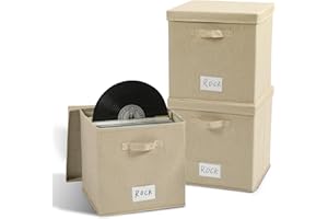 DYWMM 3 Pack Vinyl Record Storage, Linen Album Storage Organizer for Vinyl Records with Divider, LP Record Holder Crate Holds up 50+ Albums, Vinyl Record Storage Box for Album Collection(Beige)