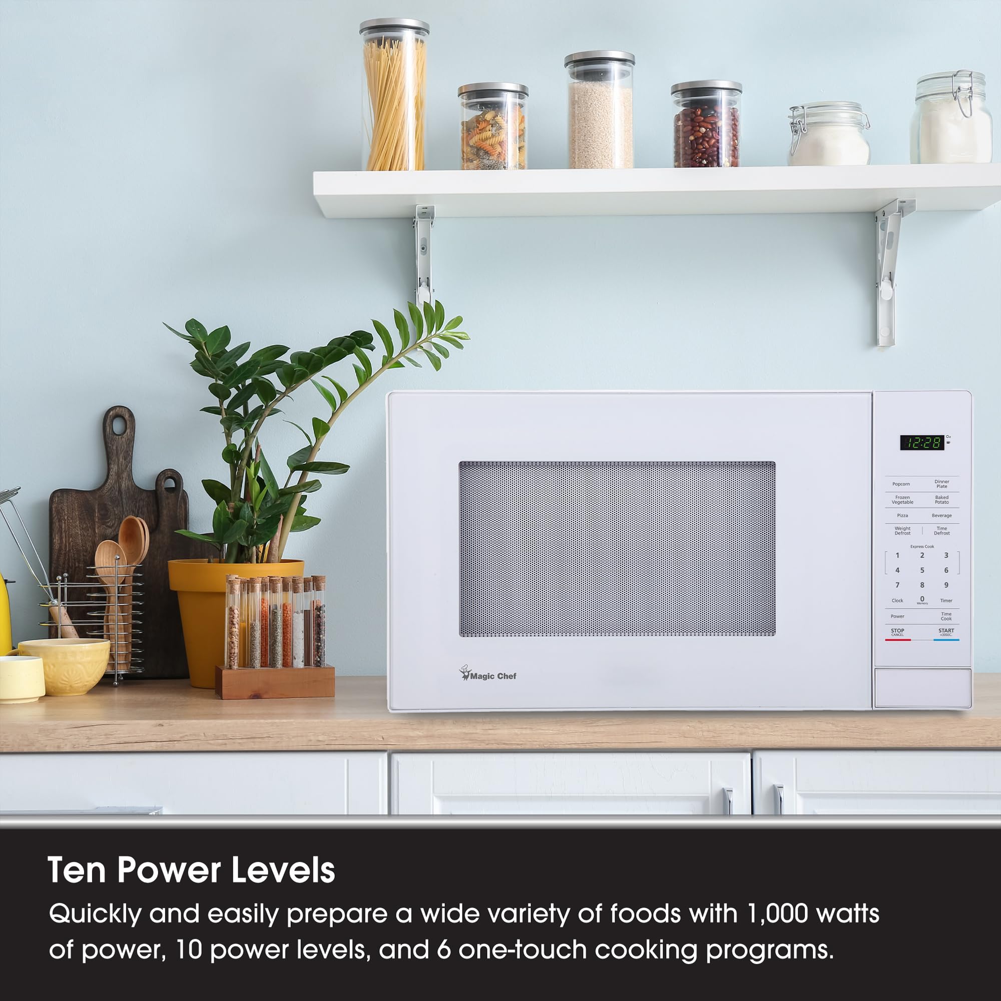 Magic Chef Compact Countertop Microwave Oven, 1,000 Watts, White, 1.1 Cu. Ft. - Digital Kitchen Appliance with One-Touch Cooking, Child Lock, Timer, Reheat, Defrost, and 10 Power Levels