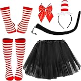 Fahacop 7 Pcs Kids Cat Costume Accessories Set Red and White Striped Hat Headband Bow Tie Arm Sleeves Thigh High Socks Tutu Skirt Plush Tail for Kids Halloween Book Day Cosplay Party