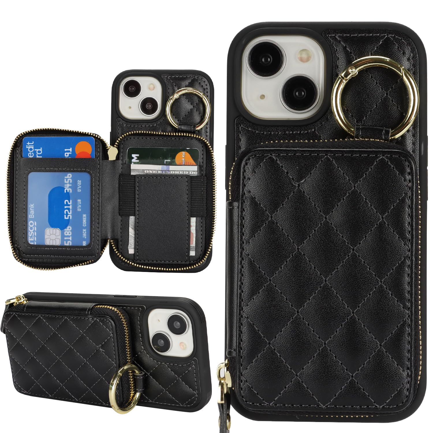 Hamany for iPhone 13 Case Wallet with Card Holder,for iPhone 13 Phone case Wallet with Zipper with Slot Kickstand Stand Case for Women and Man 5G 6.1 Inch-Black