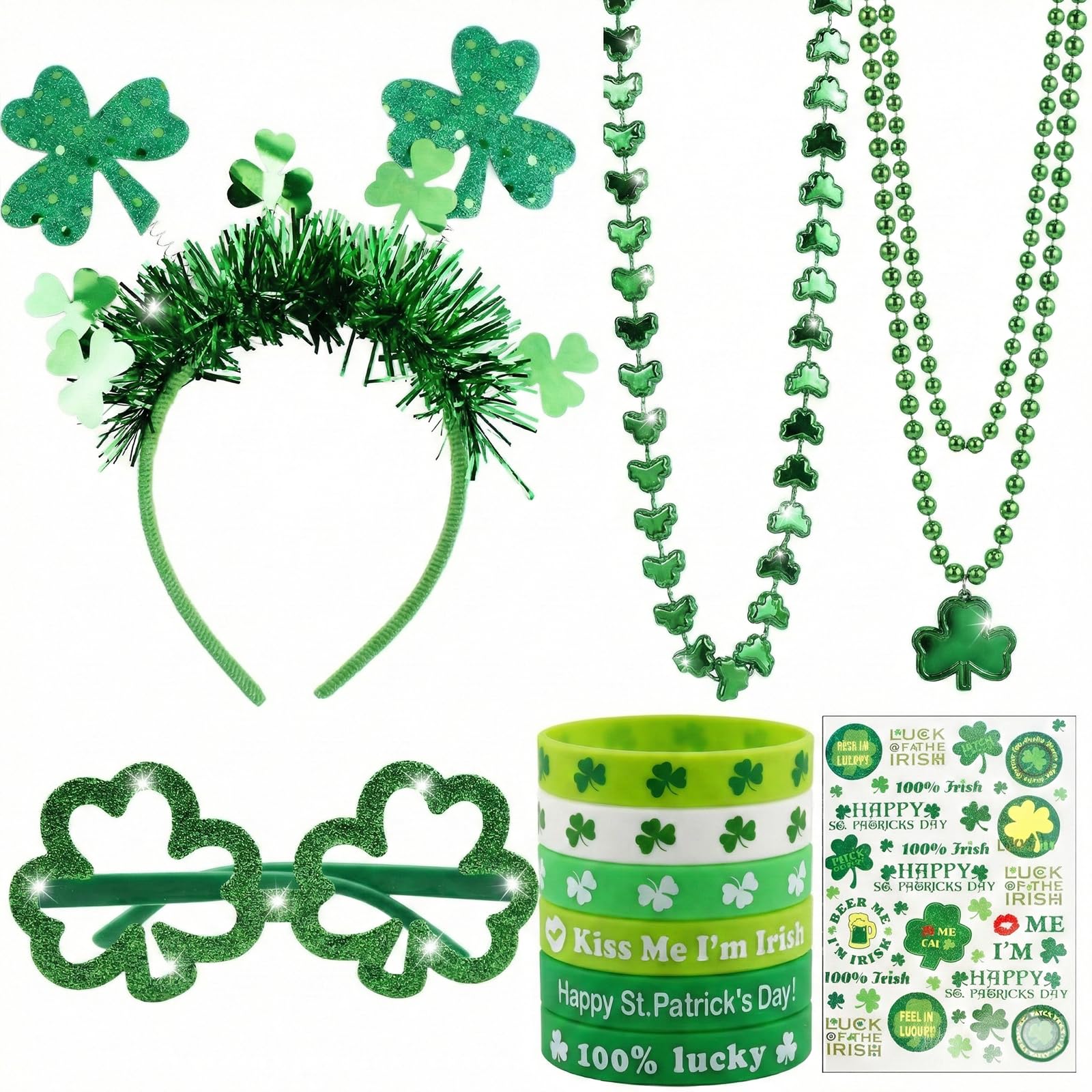 Photo 1 of SHEHARUHI 12 Pcs St Patricks Day Accessories Green Shamrock Party Favors Set Lucky Irish Costume Props Decorations for Parade Bar Crawl Celebration Funny Outfit Supplies for Men Women