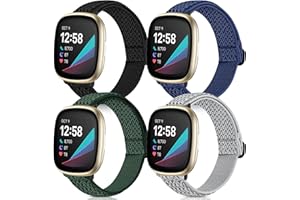 POHNUI 4 Pack Stretchy Bands Compatible with Fitbit Versa 3/Fitbit Versa 4/Fitbit Sense 2/Fitbit Sense Bands Women Men, Adjustable Elastic Breathable Loop Nylon Replacement Straps for Fitbit Sense & Versa 3