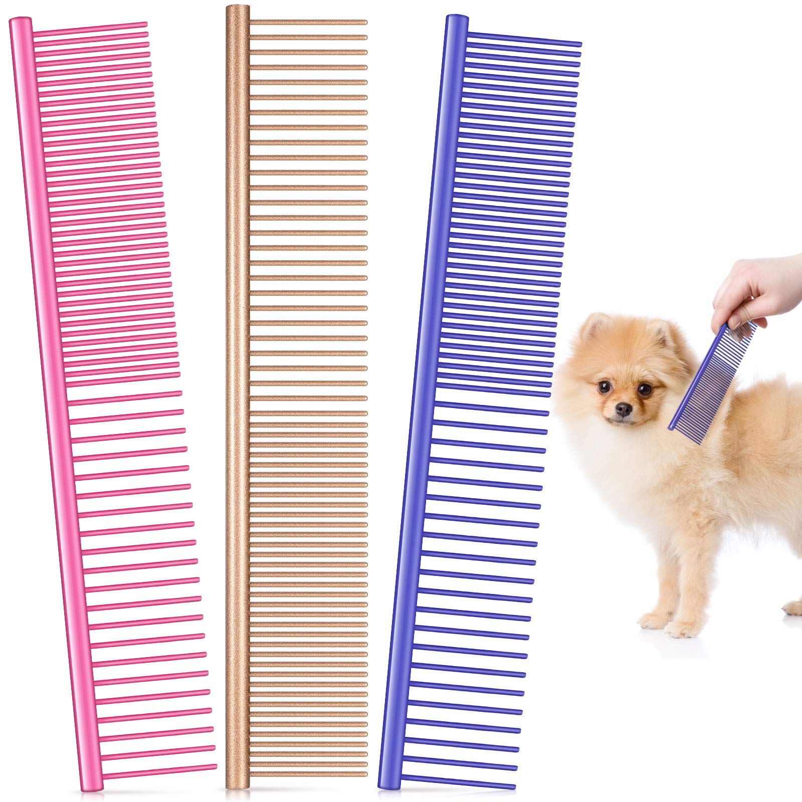 3 Pieces Pet Steel Combs, Pet Dog Cat Grooming Comb Multi-color Dog Comb with Stainless Steel Teeth for Removing Tangles and Knots for Long and Short Haired Dog, 7.5 x 1.3 Inch (Gold, Pink, Violet)