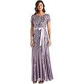 R&M Richards Women's Sequin Embellished Gown W/Panel Godet Skirt, Ribbon Sash & Short Sleeve - Evening, Cocktail Party Dress
