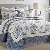 DDUOXIN Botanical Super Oversized King Bedspread - 128" W x120 L Extra Wide 100% Cotton California Quilt, Lightweight Reversible Oversize Bedspreads with 2 Pillow Shams, Blue Horizon/Cream
