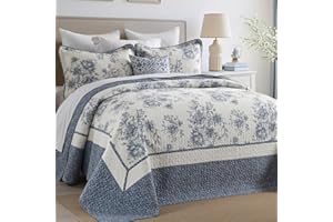 DDUOXIN Botanical Oversized King Bedspread - 120" W x120 L Extra Wide 100% Cotton California Quilt, Lightweight Reversible Oversize Bedspreads with 2 Pillow Shams, Blue Horizon/Cream