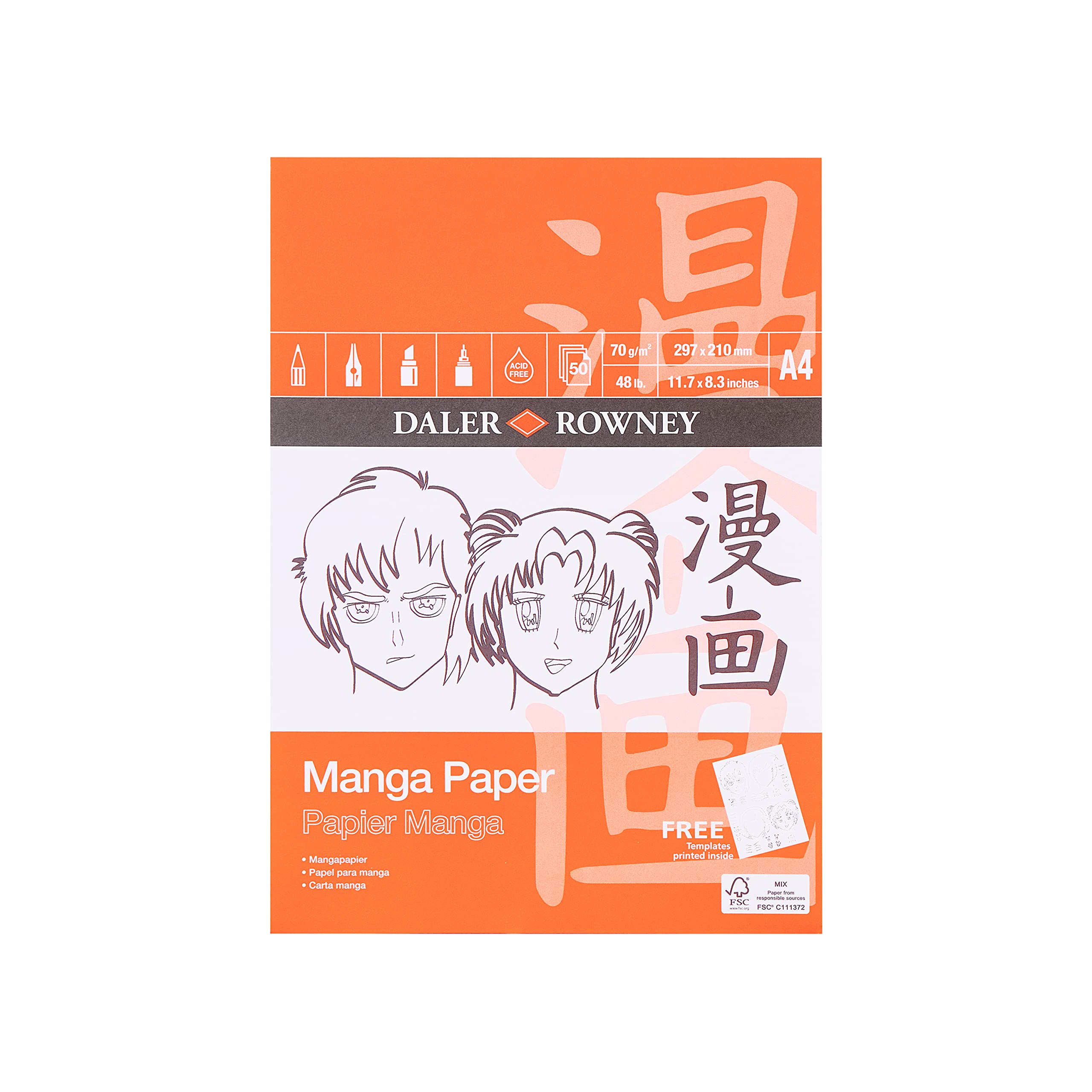 Daler-Rowney Manga Smooth Surface 70gsm A4 Marker Paper Pad, Glued 1 Side, 50 White Sheets, For Professional Artists & Students