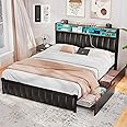 Alohappy Queen Bed Frame with 4 Storage Drawers and Bookcase Headboard, Upholstered Platform Bed Frame Queen with USB-C & USB Charging Station and LED Lights, No Box Spring Needed, Black
