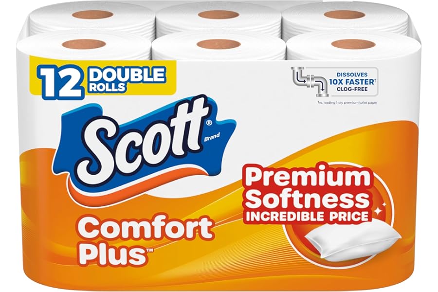 Scott ComfortPlus Toilet Paper, 12 Double Rolls, 231 Sheets per Roll, Septic-Safe, 1-Ply Toilet Tissue