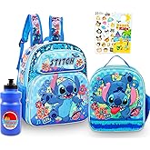 Disney Stitch Mini Backpack and Lunch Box Set - Bundle with 12" Sequined Backpack, Lunch Bag, Stickers, Bottle, More | Stitch School Bag and Lunchbox for Girls, Kids