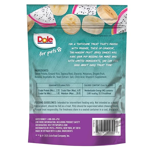 DOLE FOR PETS FRUIT JERKY BITES DOG TREATS, BANANA AND DRAGON FRUIT FLAVOR, CHEWY TREATS FLAVORED WITH REAL FRUIT, NO WHEAT, CORN, SOY, ARTIFICIAL FLAVORS, COLORS, OR PRESERVATIVES, 6 OZ