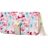 Pomelo Best Womens Wallet RFID Blocking Wallet for Women Bifold Large Capacity Card Holder Ladies Long Purse with ID Window Zipper Coin Pocket Red Lotus