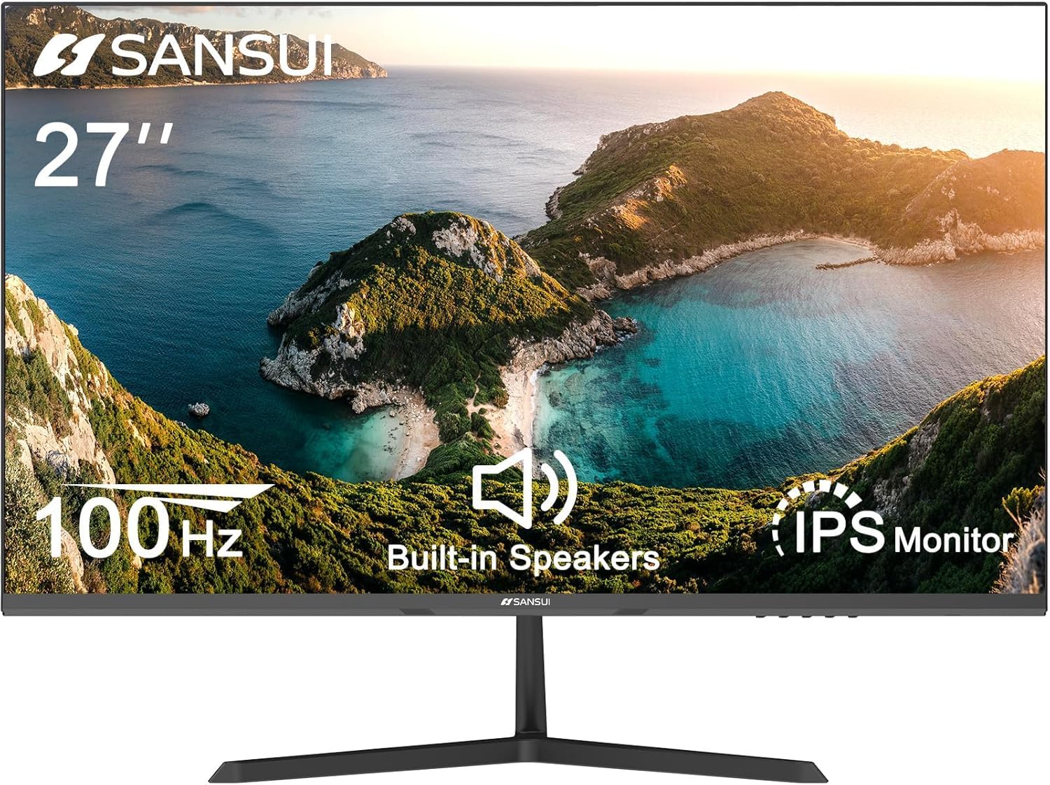 SANSUI 27 Inch Monitor, Build-in Speakers IPS 100Hz Monitor, FHD Computer Monitor DisplayPort HDMI VGA Inputs, 100 x 100 mm VESA Mount, Ultra Slim Ergonomic Tilt (ES-27X3A HDMI Cable Included)