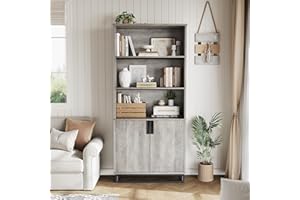 GarveeTech Farmhouse Industrial 71" Tall Bookshelf with Doors, 5-Tier Wooden Bookcase, Storage Cabinet & Adjustable Shelves, 